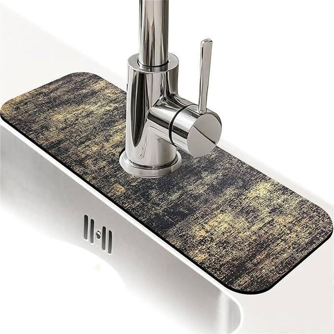 Kitchen Sink Splash Guard，Black and gold Faucet Mat Sink Gadgets-Super Absorbent Fast Drying Mat Drip Catcher for Kitchen, Bathroom,Sink Mat, Dish Drying Mat, Bathroom(15" X 5.5" )