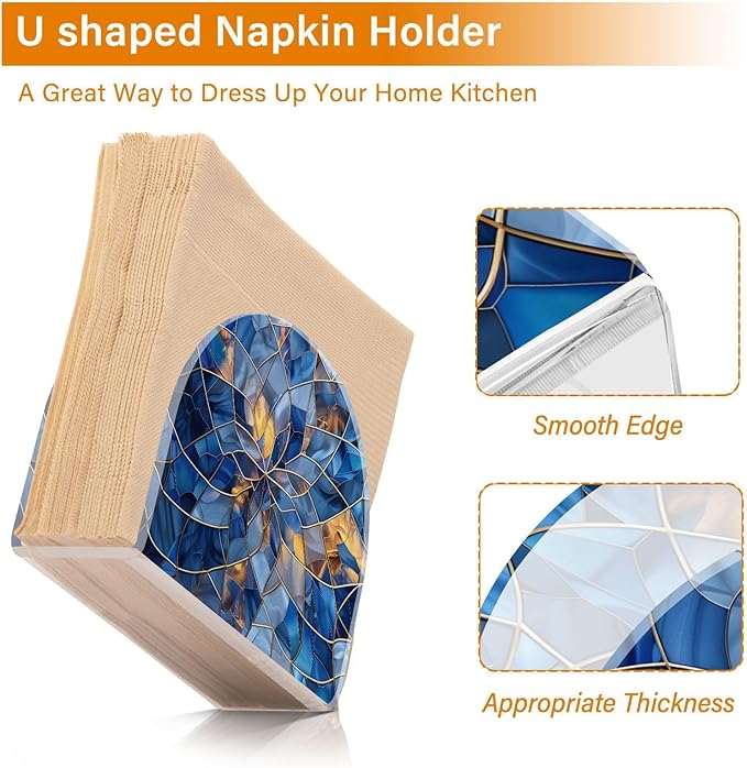 Stained Glass Blue Pattern Napkin Holder for Table Paper Napkins Holder Acrylic Tissue Dispenser Kitchen Dining Room Bathroom Party Car Decor