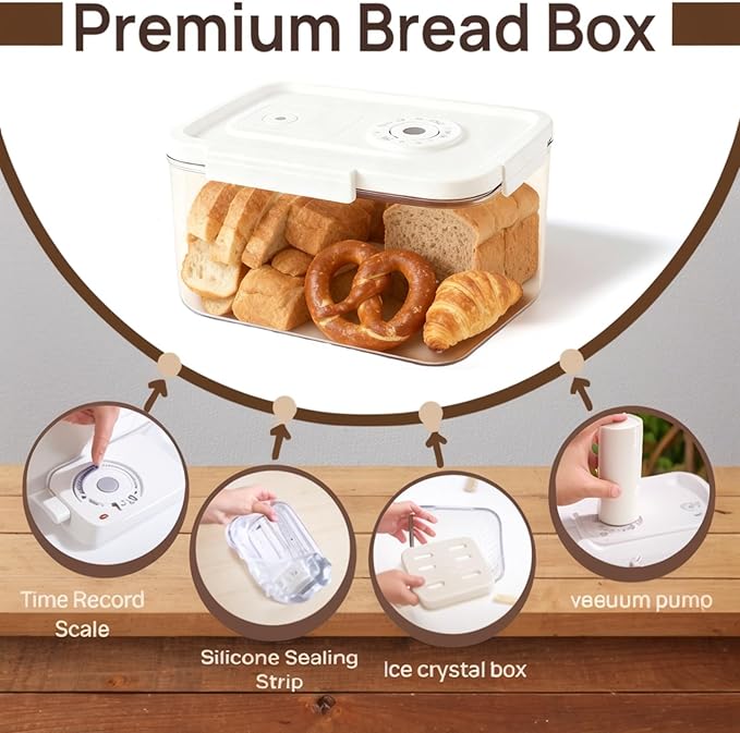 Bread Box with Vacuum Pump,Airtight Bread Box with Lid Time Recording, vacuum seal Bread Container，Reliable Material, Multiple Uses for Storging Fruits Cereal