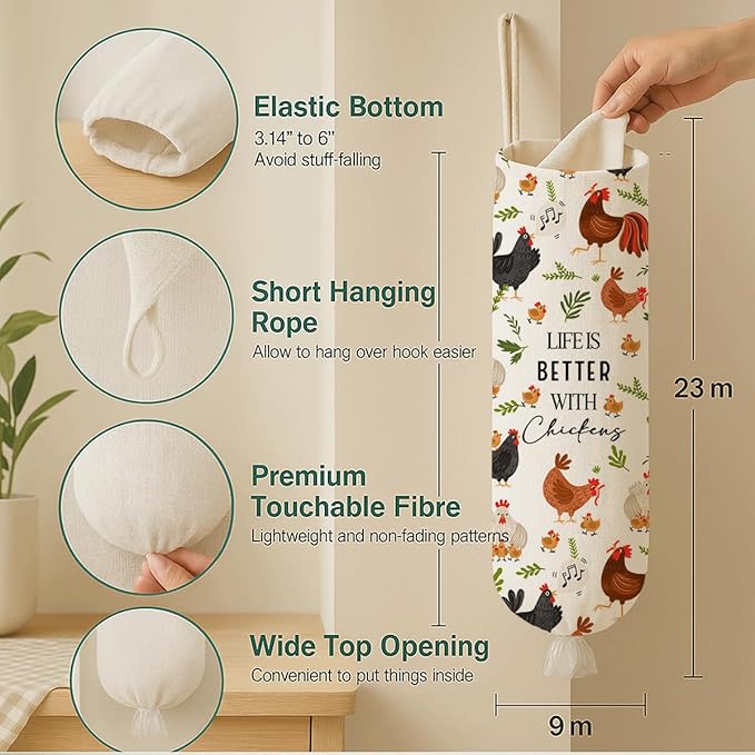 Farmhouse Plastic Bag Holder for Kitchen Essentials, Life Is Better with Chickens Plastic Bags Holder, Reusable Hanging Trash Sack Dispenser, Wall Mount Plastics Sack Storage Container Dispenser