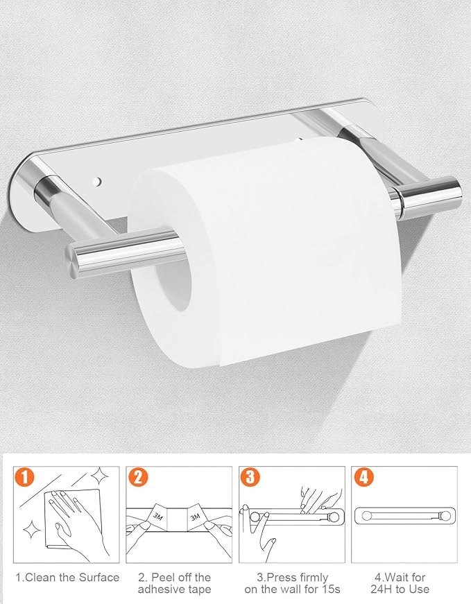 YUET Toilet Roll Holder, Self Adhesive or Screw In Wall Mounted Options, Double Post Pivoting Tissue Roll Holder, Stainless Steel Rustproof Stick On No Drilling Wall Mount for Bathroom Poilshed Chrome