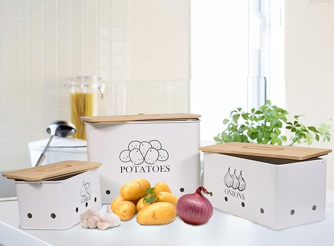 Kitchen Vegetable Storage Tins Set of 3 for Potato Onion & Garlic with Wooden Lid, Kitchen Storage Canisters Set, Long Shelf Life - White