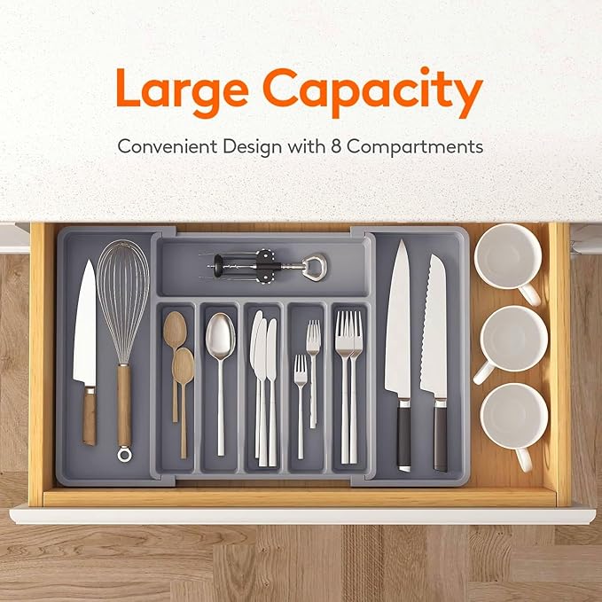 YWHWXB Silverware Drawer Organizer,Expandable Utensil Tray,Large Kitchen Drawer Organizer,Adjustable Plastic Flatware Organizer for Flatware Cutlery Spoon Knives Drawer Storage Organization (Grey)