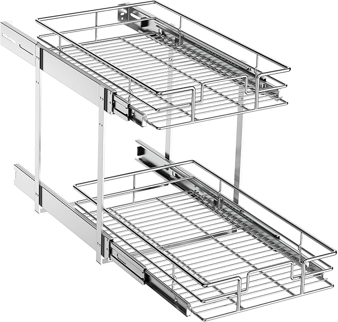 ROOMTEC Pull Out Cabinet Organizer (11" W x 18" D),2 Tier Pull Out Storage Shelf Drawer Basket,Sliding Shelves for Base Cabinet Organization in Kitchen, Bathroom, Pantry
