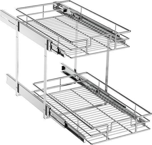 ROOMTEC Pull Out Cabinet Organizer (10½"W x 21½"D),2 Tier Pull Out Storage Shelf Drawer Basket,Sliding Shelves for Base Cabinet Organization in Kitchen, Bathroom, Pantry