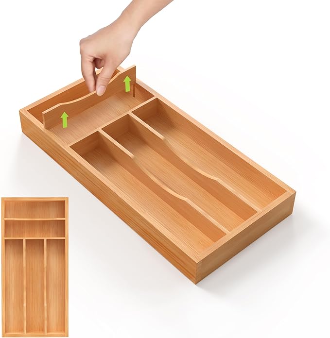 Bamboo Utensil Drawer Organizer with Removable Dividers, Kitchen Organizer for Flatware Cutlery, Silverware Tray for Drawer (5/4 Flexible Slots, Natural)