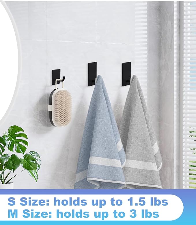 20 Pcs Towel Hooks with Removable Strips for Hanging, Adhesive Wall Heavy Duty, Outdoor No Damage, Sticky Hook for Bathrooms, Shower, Stockings, Decor, Robe, Small, Black 304 Stainless Steel