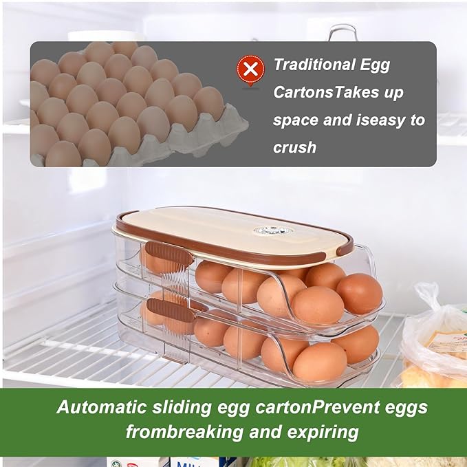 Automatic Rolling Egg Holder for Fridge 2-Layer Stackable Egg Organizer for Refrigerator Clear BPA-Free Egg Container with Lid Large-Capacity Egg Dispenser & Egg Storage Rack Holds 28 Eggs