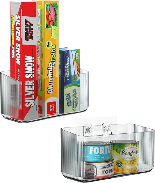 2 Pack Cabinet Door Organizers - Plastic Wrap Holders for Kitchen - No Drilling Wall Door Mount - Clear Grey