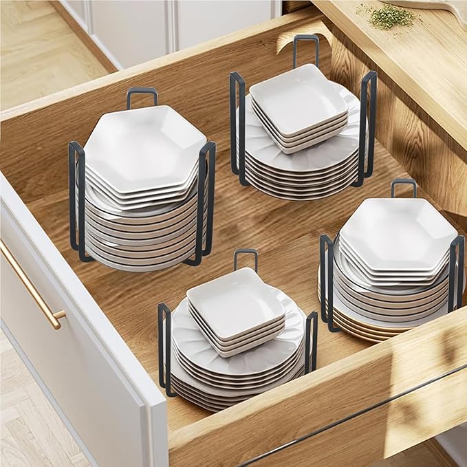 Dinnerware Bowl Plate Holder Fit for 6.5 Inches Diameters Bowl, Metal Bowl Storage Dying Display Rack for Kitchen Drawer, Countertop, Cabinet, Shelf, Cupboard (Black, Small 1PCS+Large 1PCS)