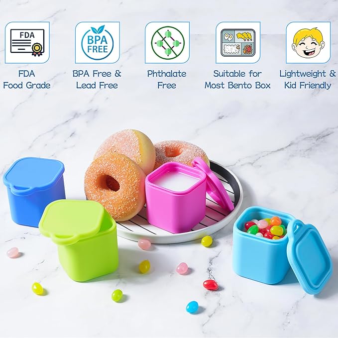 Ecurfu Silicone Dips Containers, 2x 4 oz Salad Dressing Container To Go, Condiment Container with Lids, Compatible with Most Bento Lunch Box (Pink/Cyan)