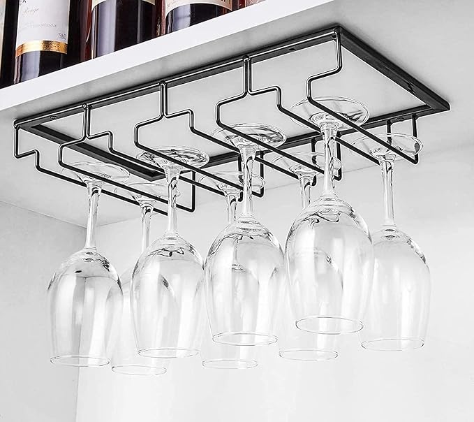Wine Cup Holder Table Decoration Storage Hanger Metal Organizer for Bar Kitchen Stemware Rack Under Cabinet Stainless Steel Hanger Storage Shelf Black (Black, 4 Rows 2 Packs)