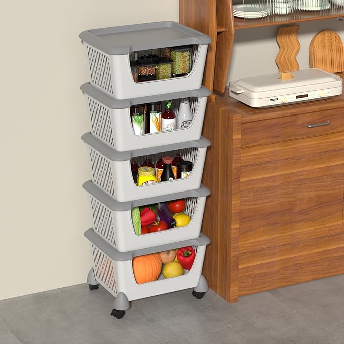 5 Pack Plastic Stacking Baskets with Wheels, Large Open Front Storage Basket, Grey