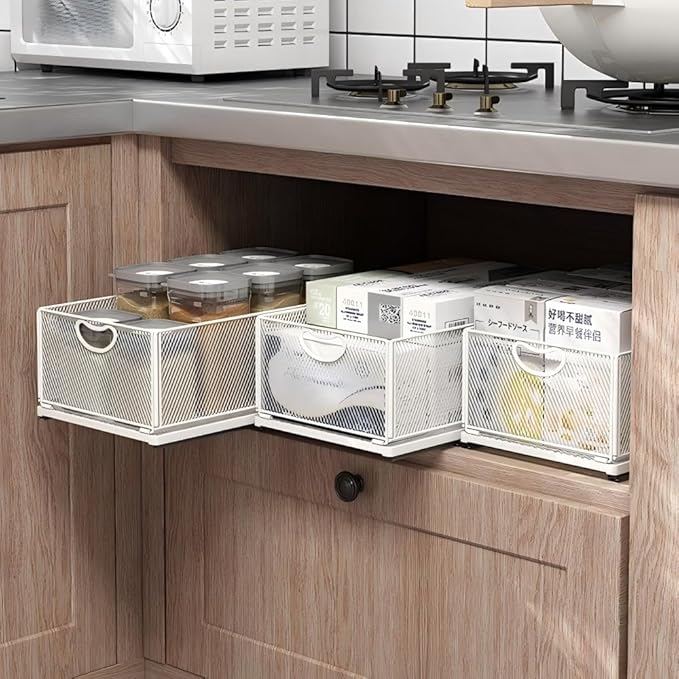 2 Pack Pull Out Cabinet Drawer,Metal Mesh Slide Out Shelves Organizer,Frameless Cabinets Suitable,Simple Housewares Pull Out Cabinet Sliding Basket (15.7" D*9.6" W*8.4" H)