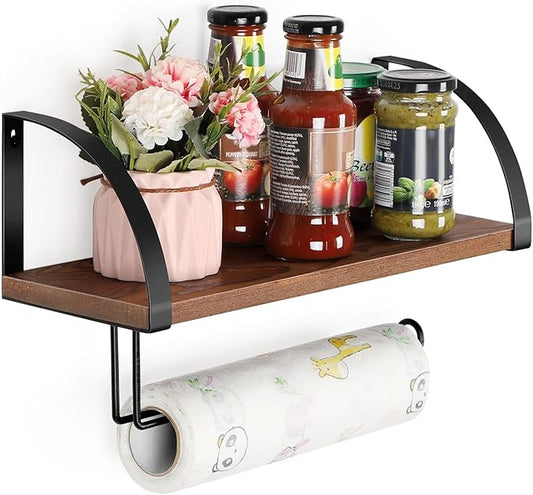 BTY Paper Towel Holder Wall Mount Farmhouse Wood Paper Towel Holder with Shelf Hanging Paper Towel Roll Rack Under Cabinet Spice Rack for Kitchen Bathroom Organizer Rustic Brown