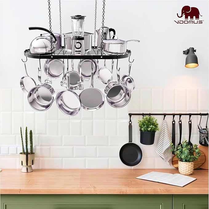 Vdomus Heavy-Duty Hanging Pot Rack - 33x17 Inches - Stylish Black Alloy Steel Ceiling Storage with 15 Hooks - Organize Kitchen Cookware and Utensils - Space-Saving Mounted Overhead Holder