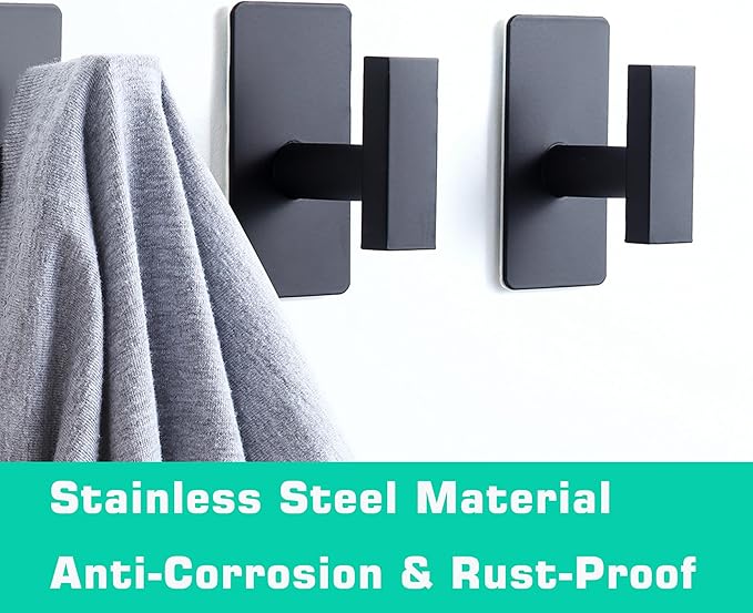 JAAWAN (4-Pack) Matte Black Adhesive Towel Hooks, Stainless Steel Adhesive Wall Hooks for Bathroom Kitchen Hanging Towels, Coats, Robes, Clothes, Hats