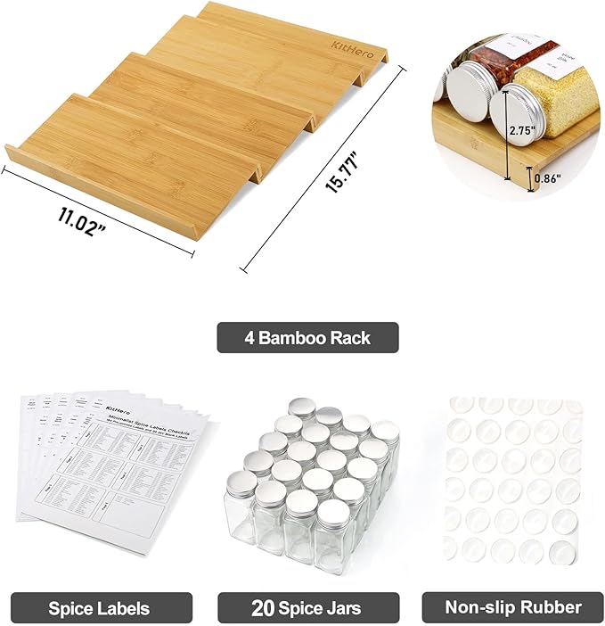 Spice Drawer Organizer with 20 Spice Jars,216 Labels,25 Non-slip Rubber, Bamboo 4 Tier Seasoning Rack Tray Insert for Kitchen Drawers,Cabinets,Countertop,11" Wide x 15.8" Deep