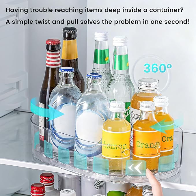 HomeBeyond Rectangular Lazy Susan Organizer for Refrigerator & Cabinet, 360° Rotating Fridge Turntable, Removable Non-Skid Tray to Organize Condiments, Cans, Beverages, Clear PET