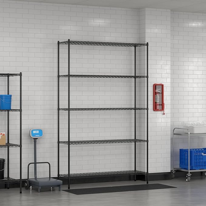 Commercial NSF Listed Black Epoxy Stationary Wire Shelving Kit 18" x 60" x 96", with 5 Shelves Perfect for Warehouse, Walk-in Refrigerator, Freezer, Grocery Store, Restaurant, Dishroom