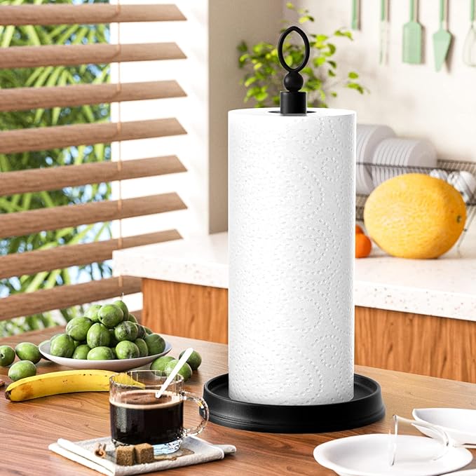 Standing Paper Towel Holder, Non-Slip Paper Towel Roll Holder for Bathroom, Stainless Steel Kitchen Paper Towel Stand Countertop (Matte Black, 2 Pack)