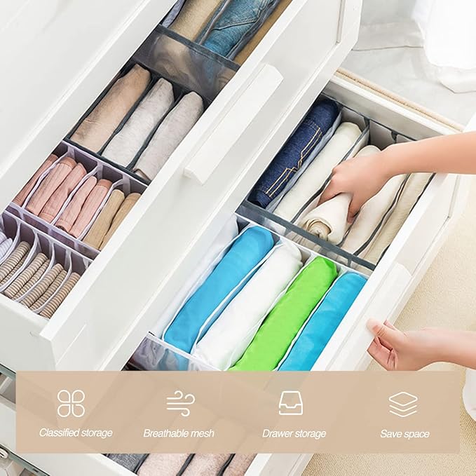 Wardrobe Clothes Organizer 7 Grids Portable Closet Organizer Mesh Separation Storage Box Foldable Closet Drawer Organizer for Underwear Socks Scarves Leggings (Grey, 4 Leggings Grid)