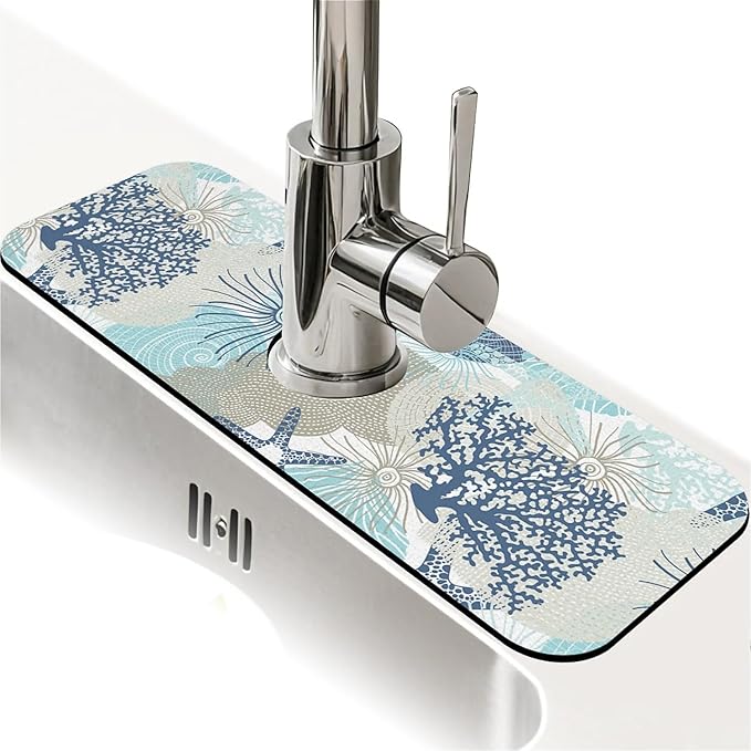 Kitchen Sink Splash Guard，Cute corals and seashells Faucet Mat Sink Gadgets-Super Absorbent Fast Drying Mat Drip Catcher for Kitchen, Bathroom,Sink Mat, Dish Drying Mat, Bathroom(15" X 5.5" )