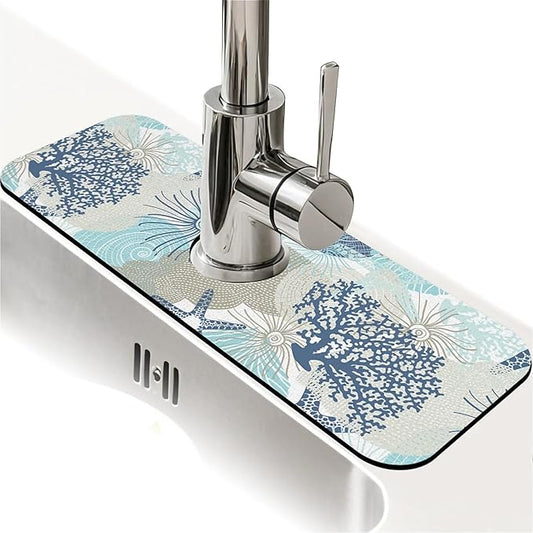 Kitchen Sink Splash Guard，Cute corals and seashells Faucet Mat Sink Gadgets-Super Absorbent Fast Drying Mat Drip Catcher for Kitchen, Bathroom,Sink Mat, Dish Drying Mat, Bathroom(15" X 5.5" )