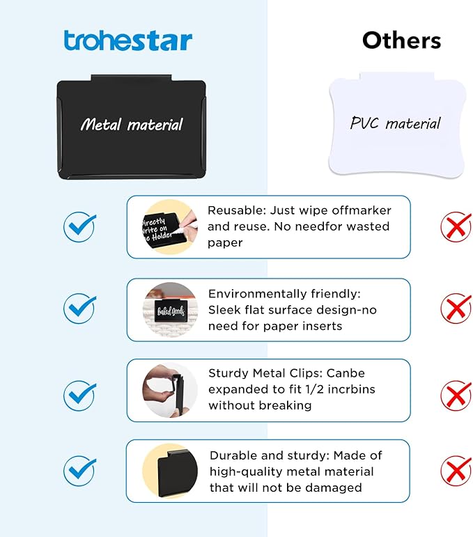 trohestar Metal Pantry Baskets Labels Clip On for Storage Bins | Edge Fold-Cream (Edge Fold-Black, 8 Metal Label Clip)