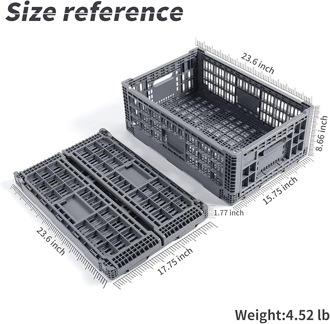 QTJH Collapsible Storage Bin/Containe， Transfer box,crate Transit storage of various items (Gray 23.6" L x 15.7" W x 8.6" H)