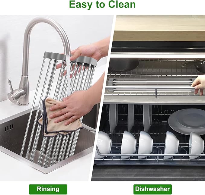 Expandable Roll Up Dish Drying Rack, 23.6"L x 13.0"W Large Stainless Steel Over The Sink Dish Drying Rack with Silicone Wrapped Anti-Slip Foldable Multipurpose Dish Drainers for Kitchen Sink