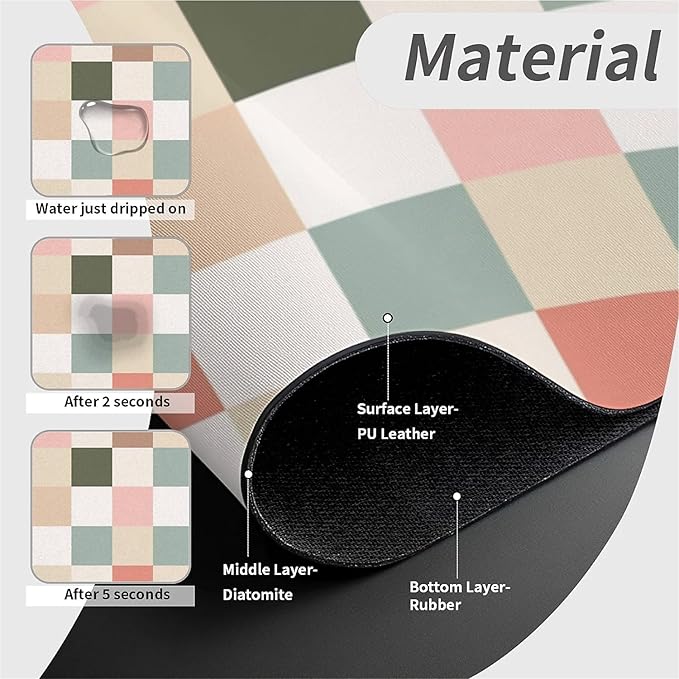 Kitchen Sink Splash Guard，Beige pink green checkered Faucet Mat Sink Gadgets-Super Absorbent Fast Drying Mat Drip Catcher for Kitchen, Bathroom,Sink Mat, Dish Drying Mat, Bathroom(15" X 5.5" )