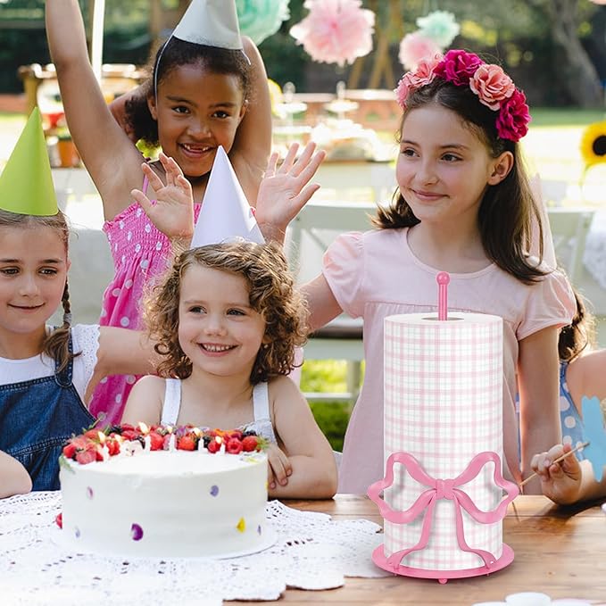 Pink Bow Paper Towel Holder, Cute Paper Towel Roll Holder, 3D Printed Standing Paper Towel Holder for Kitchen Countertops Bathroom with Weighted Base, Kitchen Decor Accessories Gift (Round/Pink Bow)
