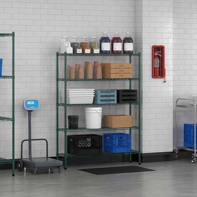 Commercial NSF Listed Green Epoxy Stationary Wire Shelving Kit 12" x 48" x 64", with 5 Shelves Perfect for Warehouse, Walk-in Refrigerator, Freezer, Grocery Store, Restaurant, Dishroom
