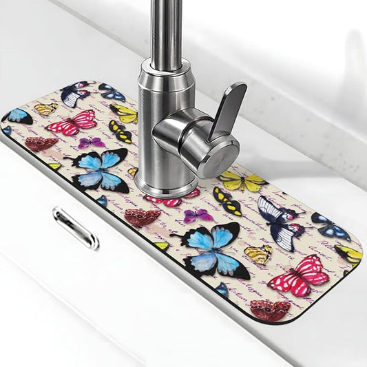 Butterfly Beautiful Vintage Butterflies Kitchen Sink Splash Guard Faucet Mat 1 Pcs, Absorbent Fast Drying Mat Gadgets Splash Guard For Bathroom 15 X 5.5 Inches