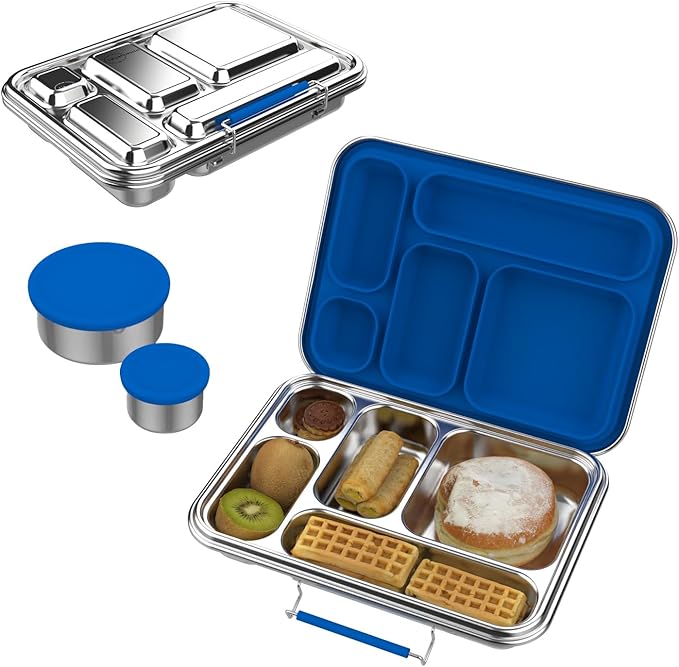 Stainless Steel Bento Box for Adults, 5-Compartments Leak-Resistant Stainless Steel Lunch Container with 2 Container, Dishwasher-Safe,Design for Office Picnics and Travel,BPA-Free Blue