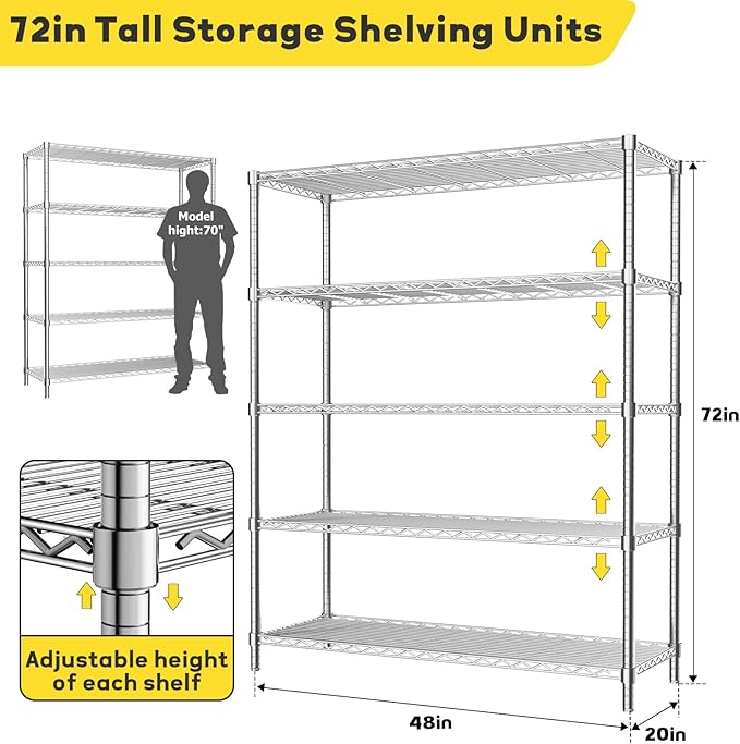 MODCART Storage Shelves, 4 PCS 48" L x 20" W x 72" H Heavy Duty Garage Wire Shelving Unit Loads 2000LBS, 5-Tier Adjustable Metal Industrial Utility Shelf Rack for Kitchen, Laundry Room, Basement
