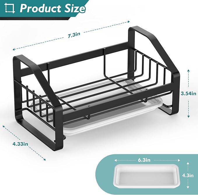 Sink Caddy, Sponge Holder for Kitchen Sink, Bathroom Sink Organizer, 304 Stainless Steel Kitchen Countertop Organizer Soap Tray with Removable Drain Tray-Black