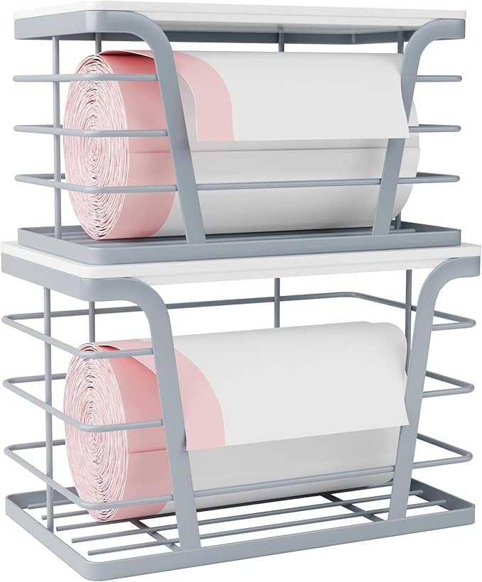 2 Pack Grey Trash Bag Organizer for Kitchen and Pantry, Upgraded Stackable Metal Garbage Bag Holder with Bamboo Top, Modern Under Sink Storage Dispenser for Laundry Room, Garage