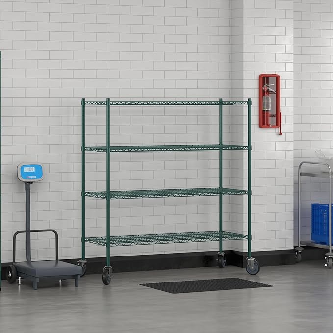 Commercial NSF Listed Green Epoxy Mobile Wire Shelving Kit 21" x 54" x 60", with 4 Shelves Perfect for Warehouse, Walk-in Refrigerator, Freezer, Grocery Store, Restaurant, Dishroom