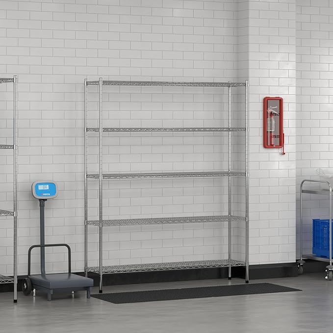 Commercial NSF Listed Chrome Stationary Wire Shelving Kit 14" x 60" x 74", with 5 Shelves Perfect for Warehouse, Walk-in Refrigerator, Freezer, Grocery Store, Restaurant, Dishroom