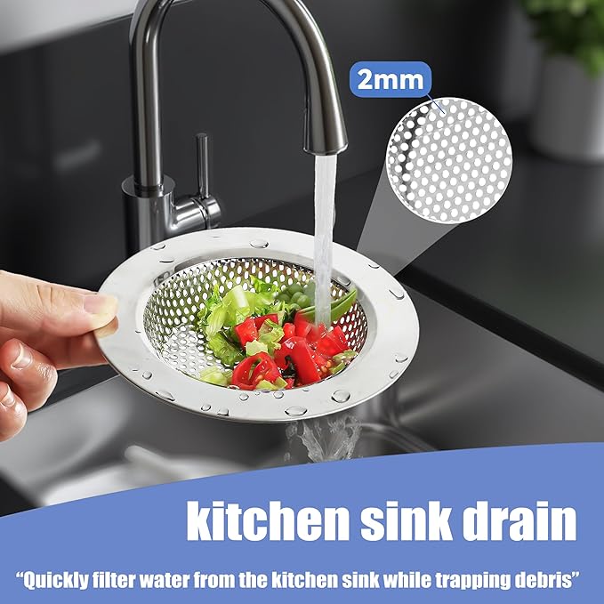 RQYEKDO 3-Pack Kitchen Sink Drain Strainer Stopper Set, Universal Anti-Clogging Stainless Steel Garbage Disposal Plug with Handle, Perforated Basket Filter Sieve for Standard 3.5" Drains (Silver)