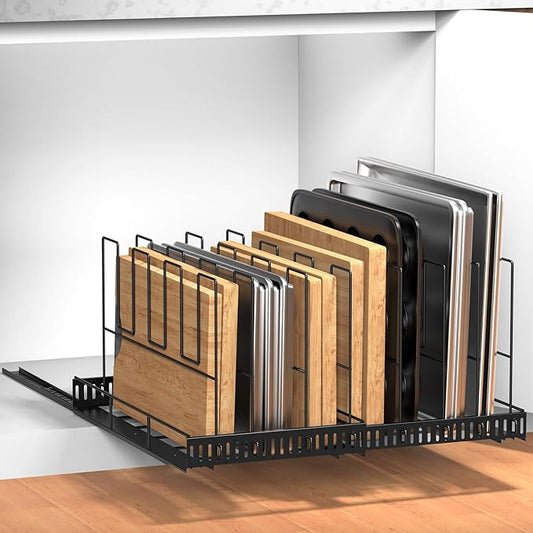 Housolution Pull Out Large Baking Tray and Cookie Sheet Organizer, 13"-22" Width Expandable Cutting Board Holder with 8 Adjustable Dividers, 20" Deep Bakeware Storage Rack for Cabinet, Black