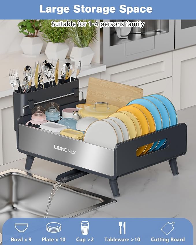 Dish Racks,Extendable Countertop Dish Drying Rack, Dish Drainer & Drainboard Set with Utensil Holder and Cup Holder, Gray