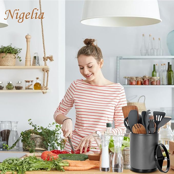 Extra Large Kitchen Utensil Holder - 360° Rotating Stainless Steel Cooking Utensil Holder for Countertop, 3 Compartment Flatware Organizer & Utensil Caddy with Removable Base（Grey）