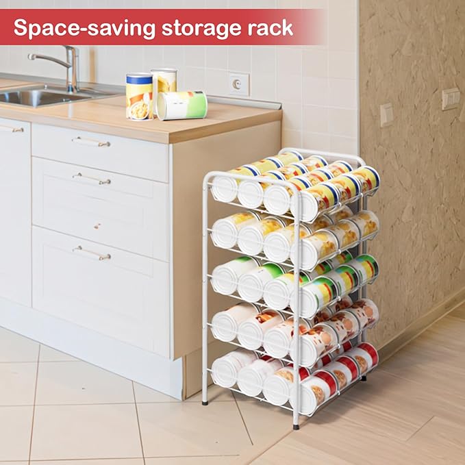 smusei 5-Tier Can Storage Organizer Pantry Shelf Holds up to 60 Cans of Can Holders for Pantry with 2 Metal Diversion Strips for Kitchen Canned Food and Drink Goods, Silver