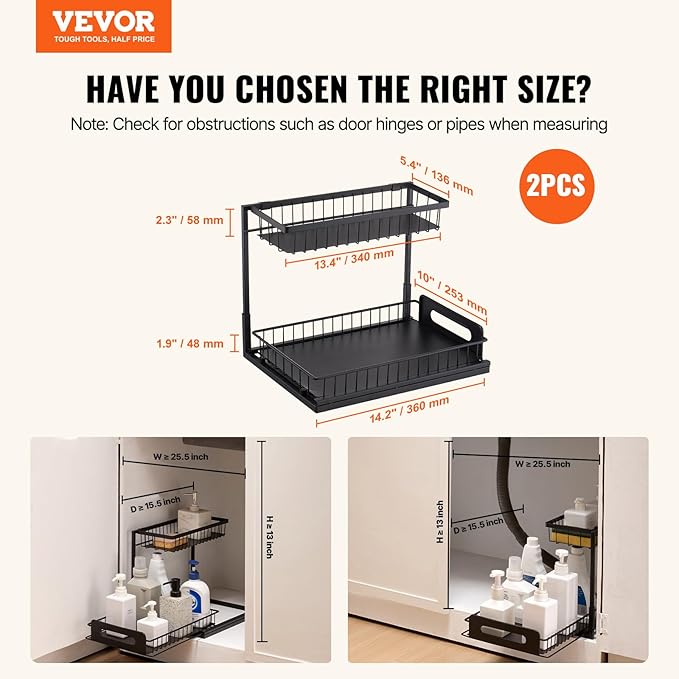 VEVOR Pull Out Cabinet Organizer, 2 Tier Under Sink Organizer and Storage(10.7"W x 14.2"D ), Slide Out Drawer Cabinet Organizer, Wire Basket Sliding Shelf for Kitchen Bathroom Cabinet, Black (2 Pack)