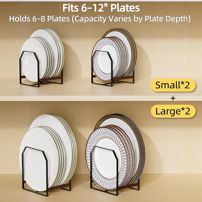 4 Pack Plate Organizer for Cabinet, Arched Metal Dish Holder Rack, Plate Rack Organizer for Cupboard, Space Saver Dish Storage Rack, Holds 6–12 Inch Plates, 2 Large 2 Small, Black