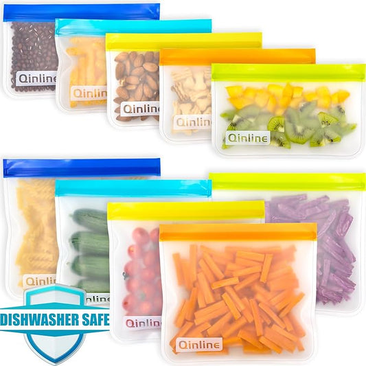 Qinline Reusable Food Storage Bags - 10 Pack Dishwasher Safe Freezer Bags, BPA Free Silicone, Leakproof for Marinate Salad Fruit Travel - 5 Sandwich 5 Snack