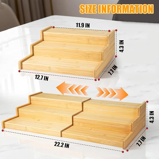 Expandable Bamboo Can Organizer Rack for Pantry Cabinet, 3-Tier Adjustable Can Storage Holder, Soda Organizer Holds Up to 24 Cans, Canned goods Storage Display for Countertop